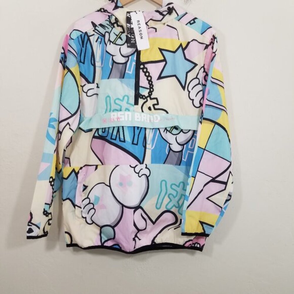 NWT Reason Hoody Multi Color Pastel Graphic Pullover Jacket Lightweight Size L
